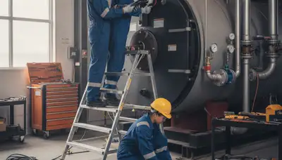 Boiler repair technician servicing a home heating system in Orange, CA