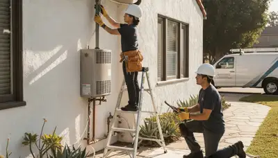 Orange, CA plumbing repair technician servicing a residential leak with professional tools