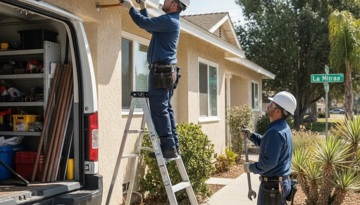 Orange, CA plumbing repair technician servicing a residential pipe leak