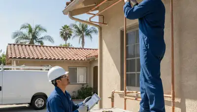 Orange, CA plumbing repair technician servicing pipes for a local home.